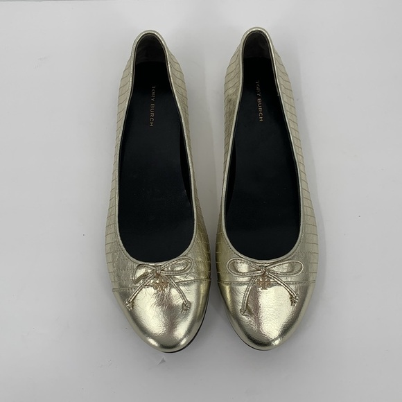 Tory Burch cap-toe quilted metallic gold ballet flat leather shoe bow new 9.5 - Picture 2 of 7